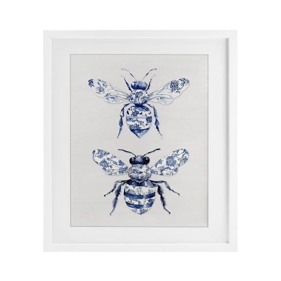 Toile Patterned Bees White Framed Print Under Glass, design by Lettered and Lined