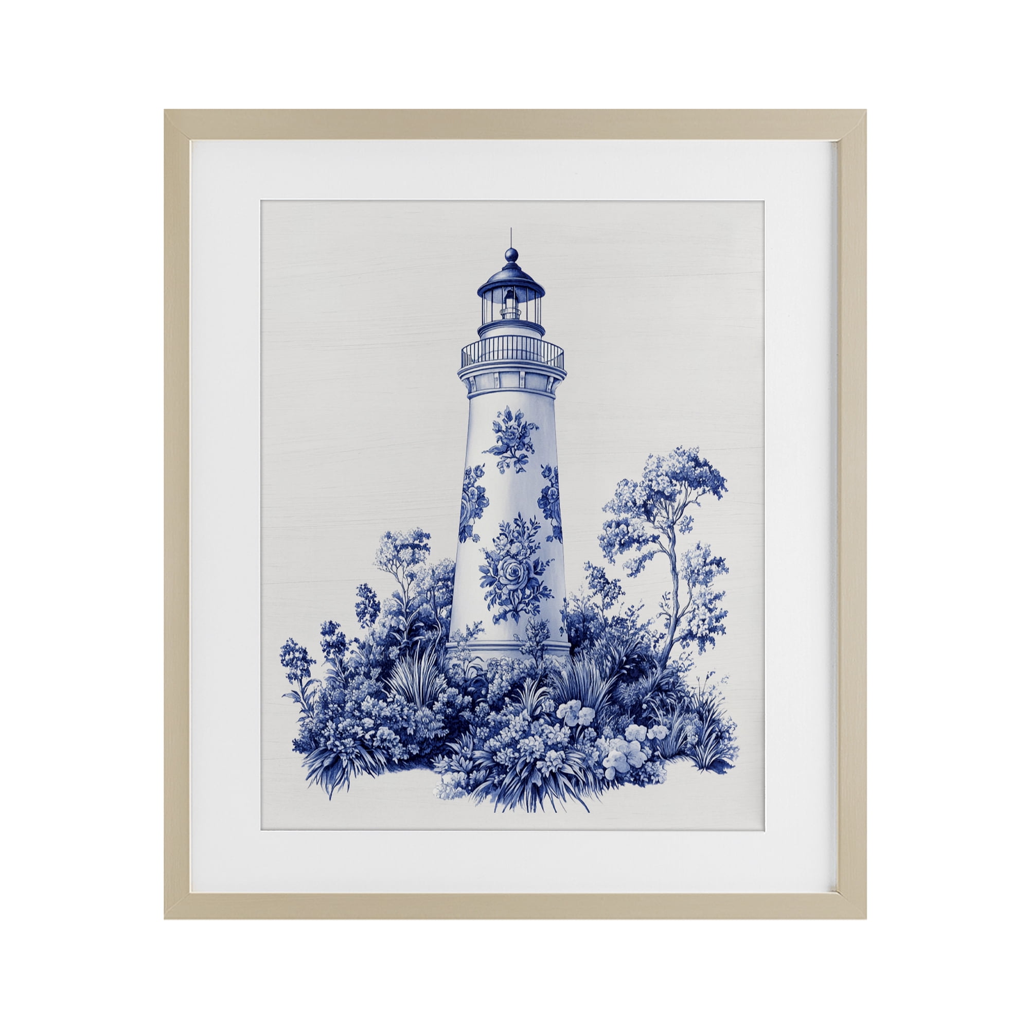 Toile Patterned Lighthouse Birch Framed Print Under Glass, design by Lettered and Lined