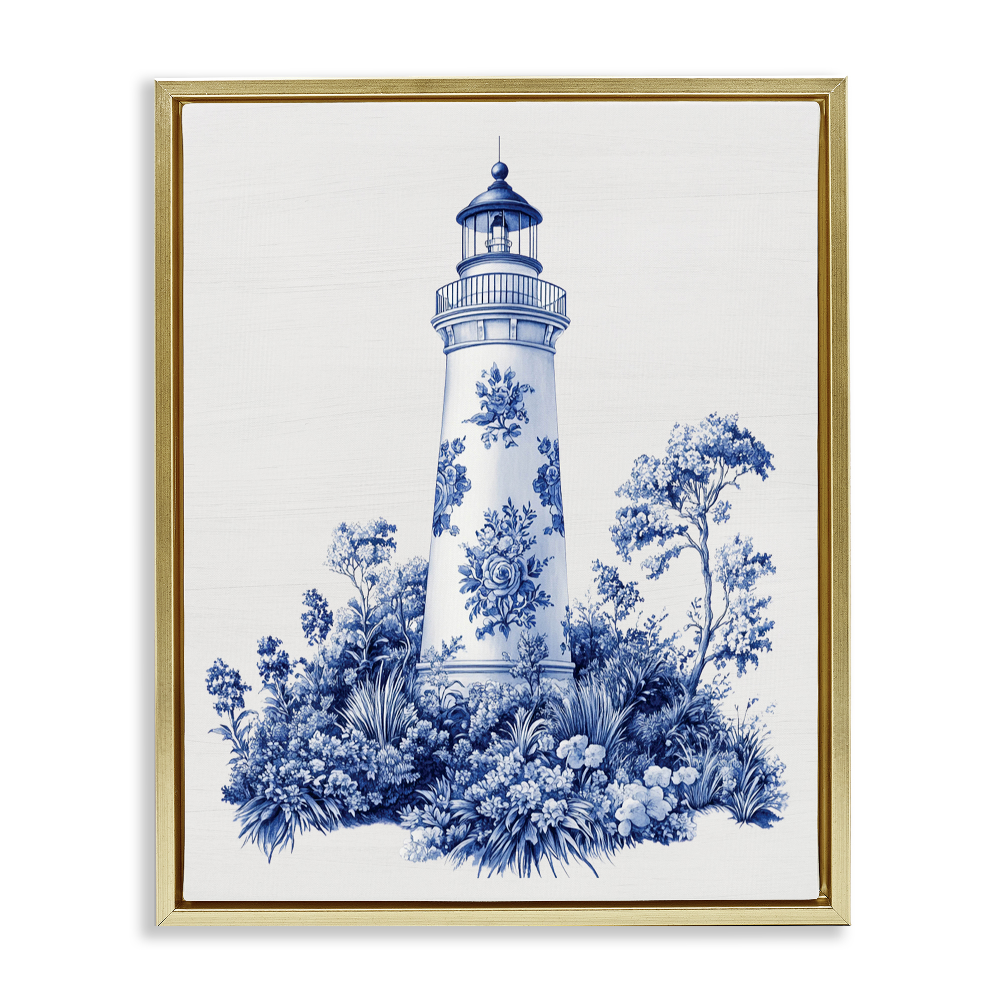 Toile Patterned Lighthouse Gold Framed Floater Canvas Wall Art, design by Lettered and Lined