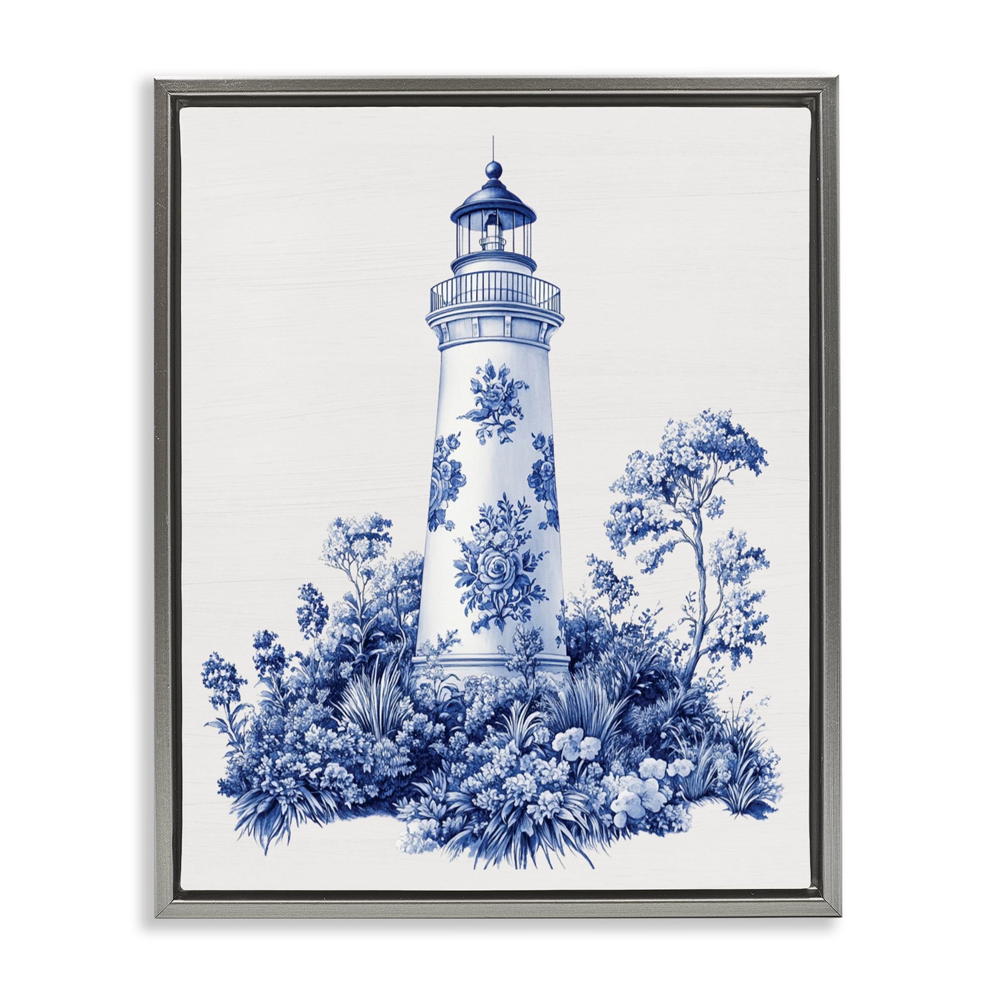 Toile Patterned Lighthouse Gray Framed Floater Canvas Wall Art, design by Lettered and Lined