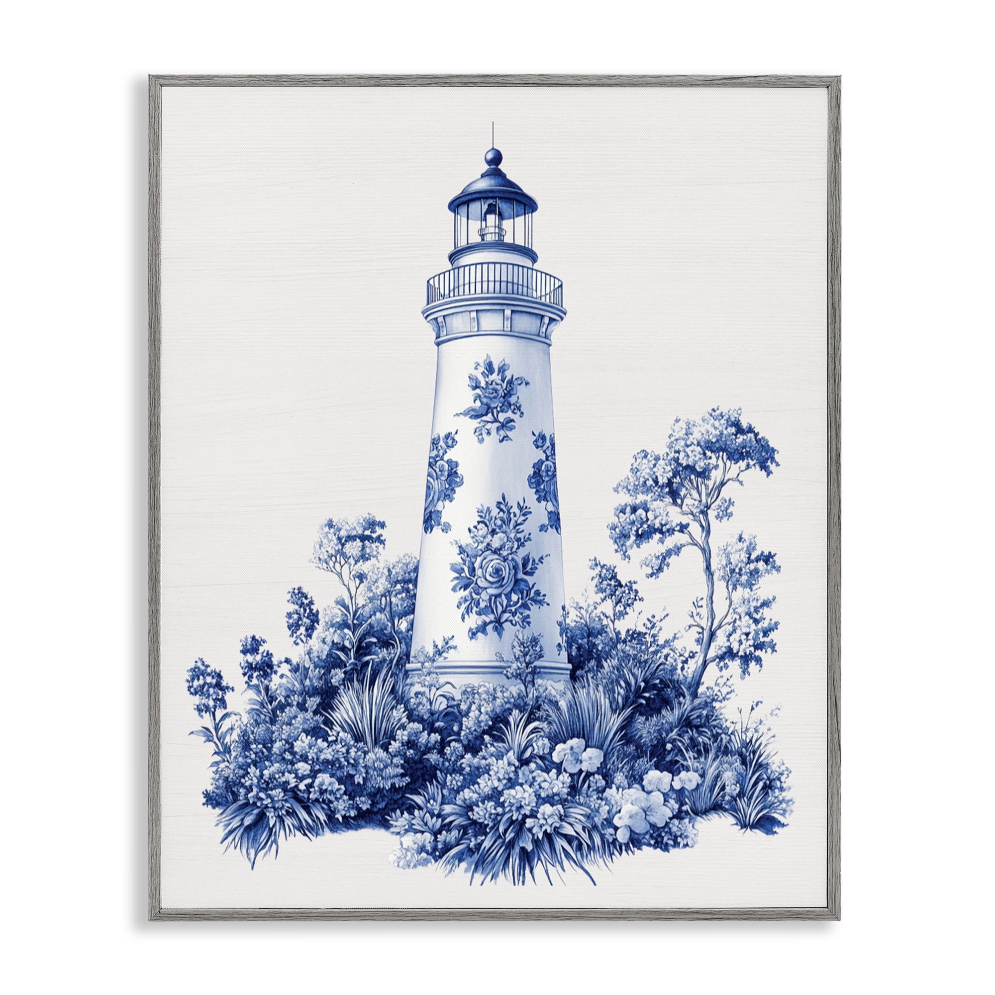 Toile Patterned Lighthouse Gray Framed Giclee Art, design by Lettered and Lined