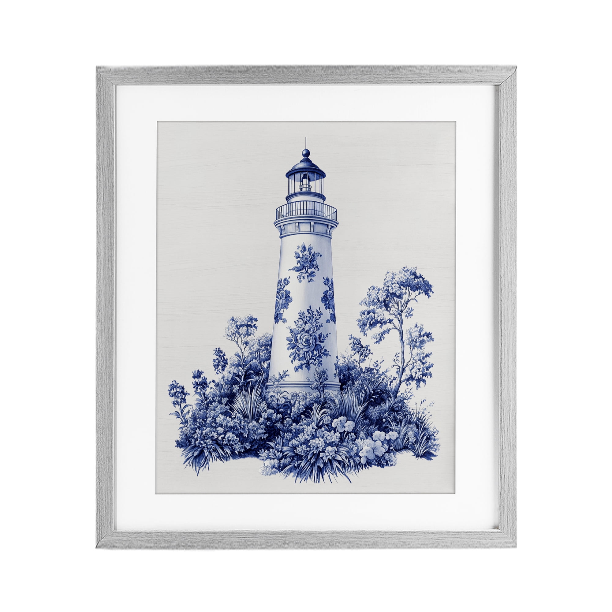 Toile Patterned Lighthouse Gray Framed Print Under Glass, design by Lettered and Lined