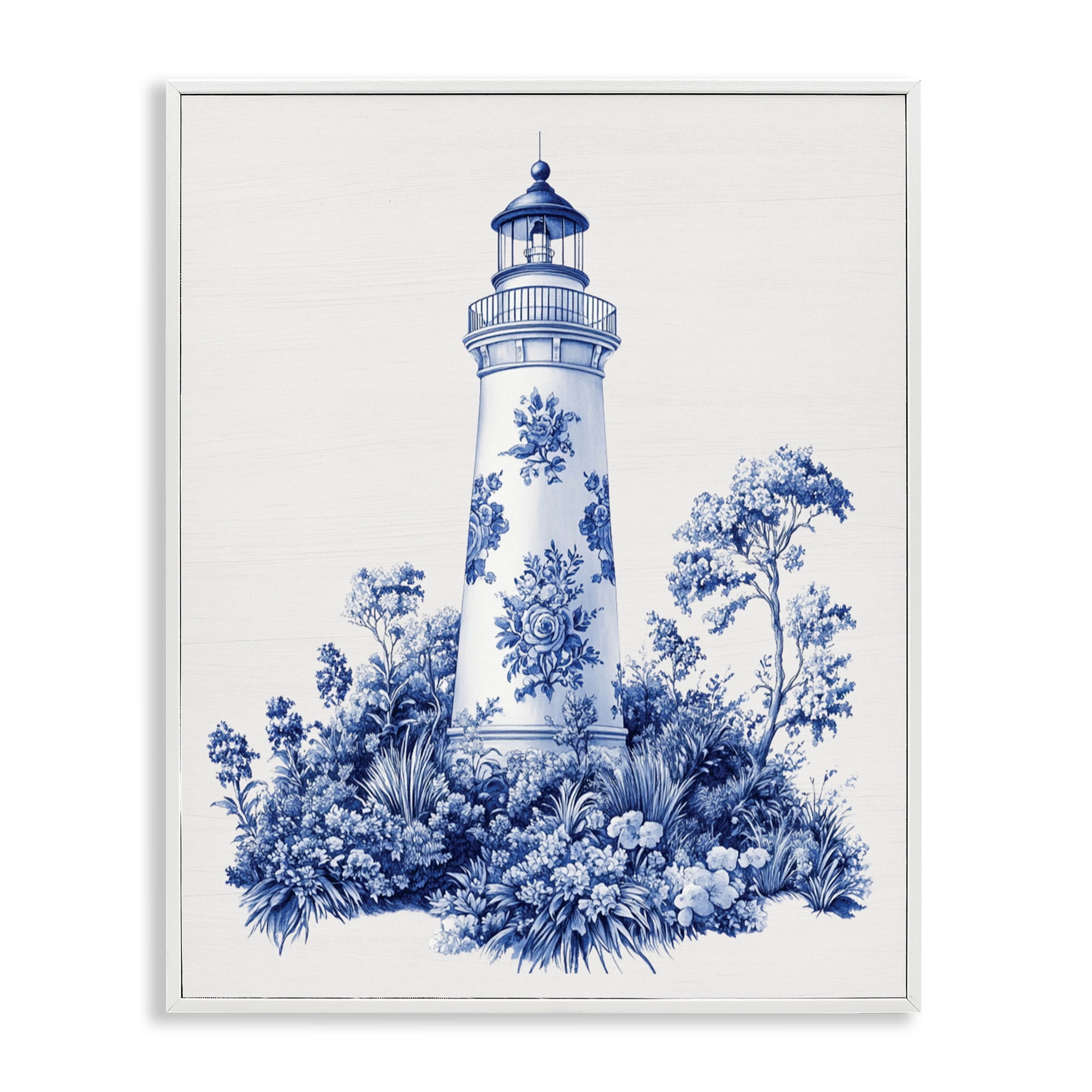 Toile Patterned Lighthouse White Framed Giclee Art, design by Lettered and Lined