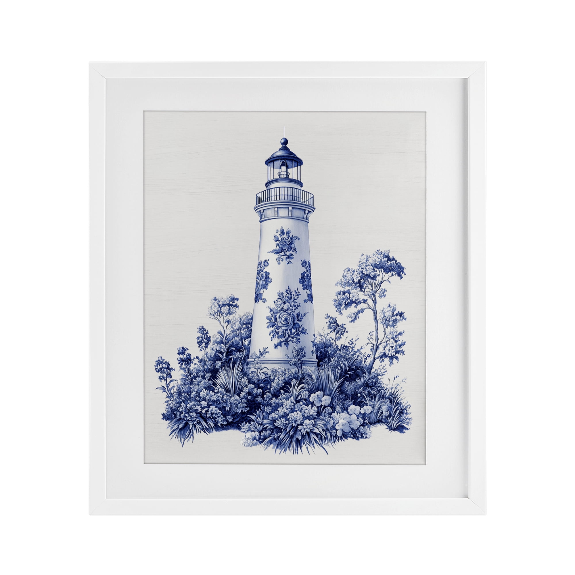 Toile Patterned Lighthouse White Framed Print Under Glass, design by Lettered and Lined