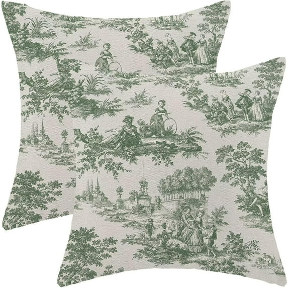 Toile Pillow Covers 18x18 Inch Set of 2, French Style Outdoor Decorative Throw Pillowcase Vintage Green Toile De Jouy Cushion Cover for Sofa Couch Farmhouse Living Room Bed Decor