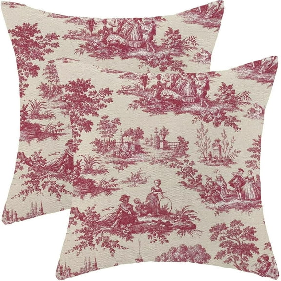 Toile Pillow Covers 18x18 Inch Set of 2, French Style Outdoor Decorative Throw Pillowcase Vintage Pink Toile De Jouy Cushion Cover for Sofa Couch Farmhouse Living Room Bed Decor