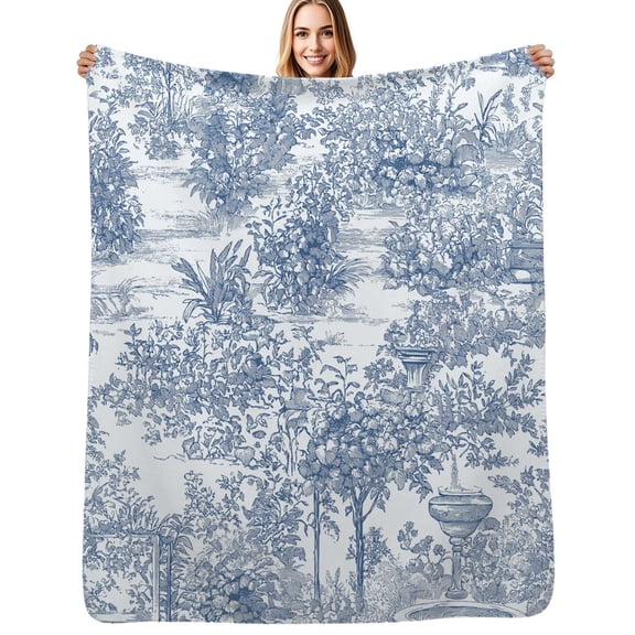 Toile de Jouy Flannel Blanket Warm Soft Bedding Throws Winter Camping Chair Sofa Bed
