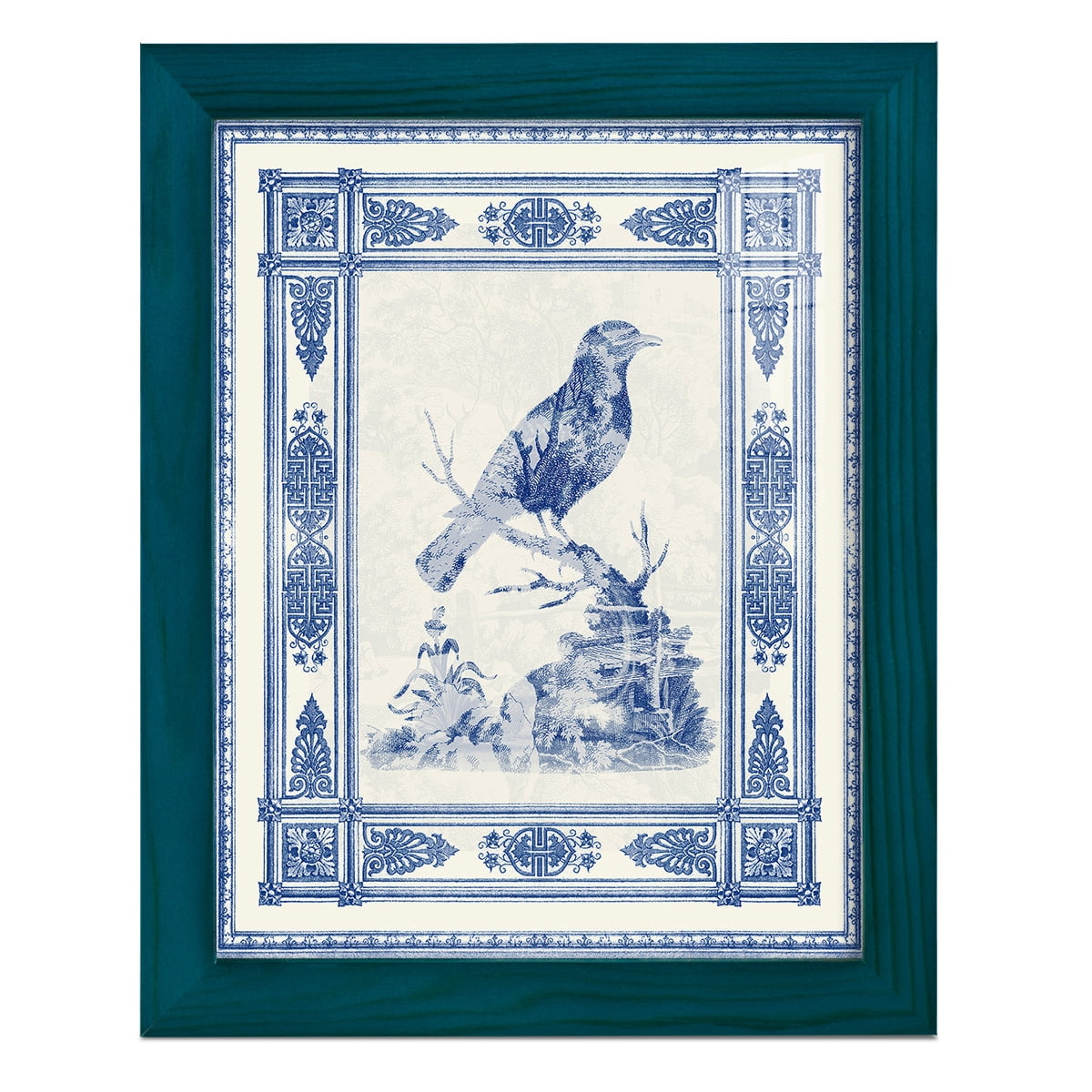 Toile de Jouy I -Framed Print w/glass-Ocean Blue