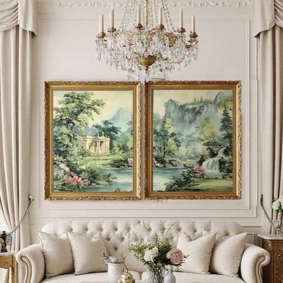 Toile de Jouy Sage Green Set of 2: European Villa Waterfall Prints Set