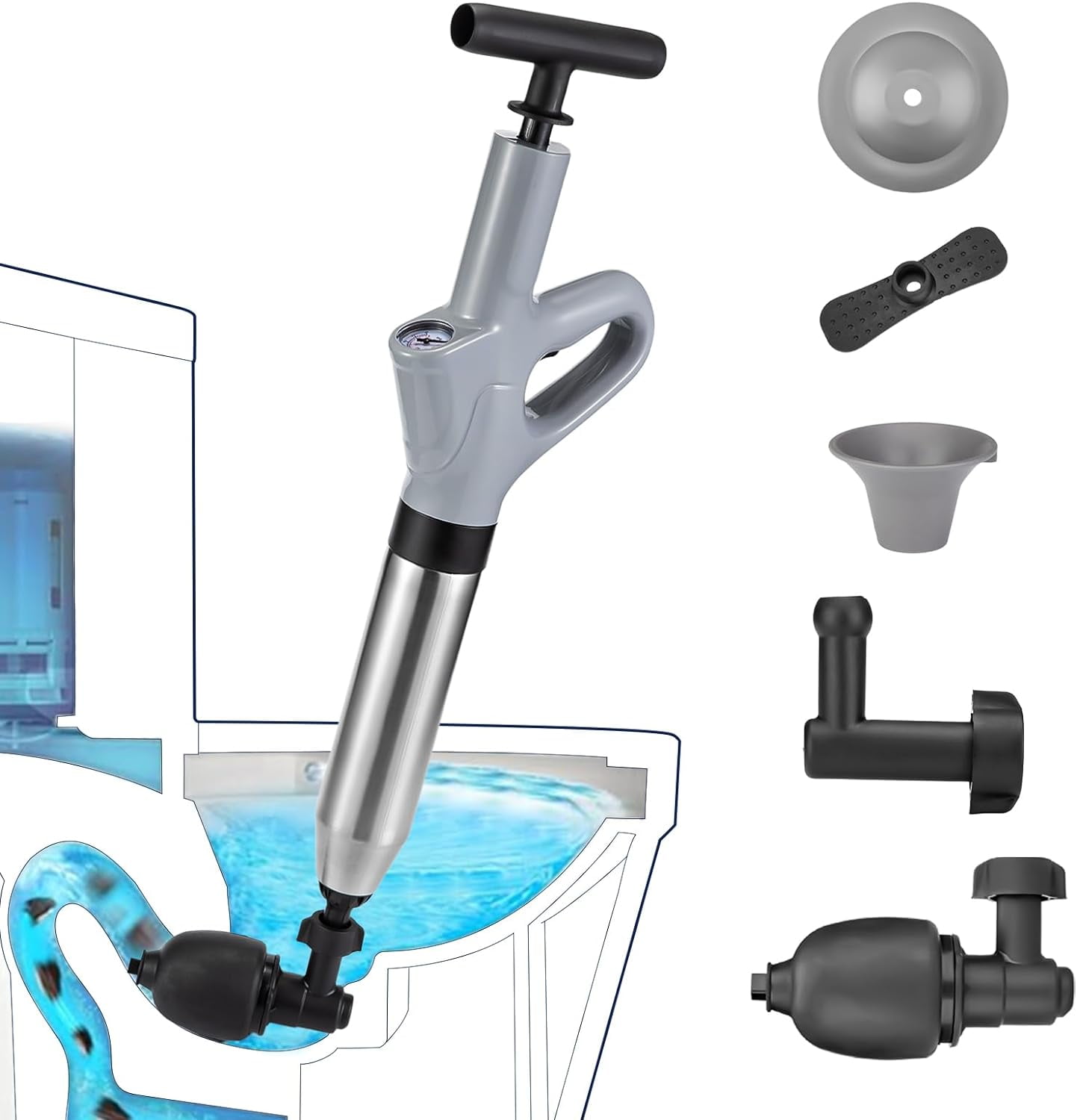 Toilet Air Plunger Drain Clog Remover Tools Air Drain Blaster with Real-Time Barometer Plumbing Tools for Bathroom Sink Floor Kitchen Clogged