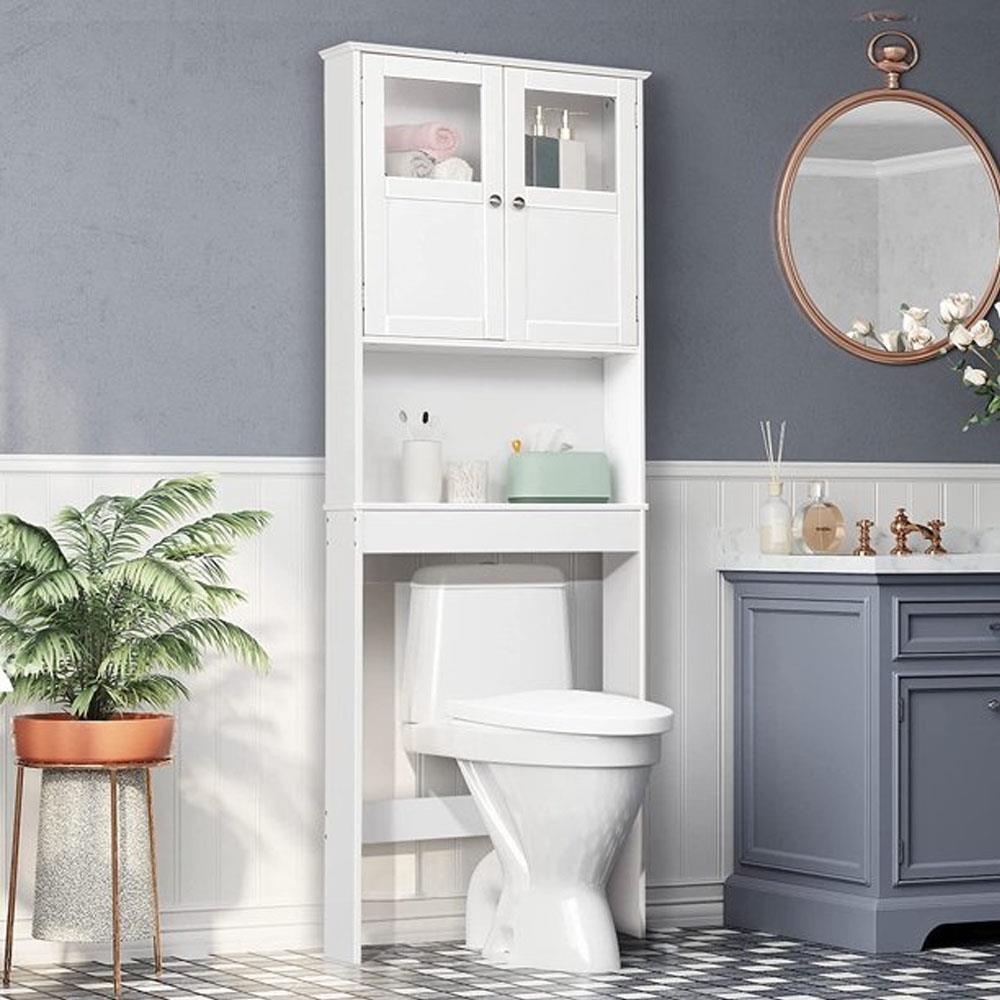 Over Toilet Bathroom Cabinet (White), 3-Tier Storage Waterproof MDF Cabinet with Glass Door & Anti-Tip Device, Easy-Assemble Bathroom Organizer Cabinet