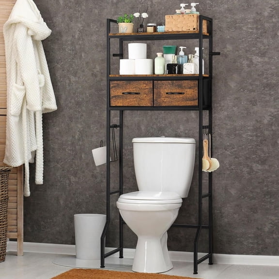 Over The Toilet Bathroom Storage Cabinet for Freestanding, Above Toilet Shelf with Fabric Drawer, Tall Bathroom Shelf Organizer with Toilet Paper Holder, Brown
