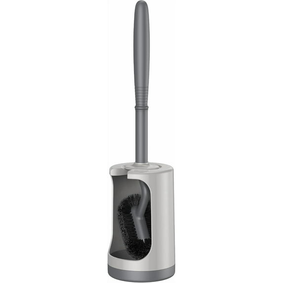 Toilet Bowl Brush Holder Set: Curved Design with Holder for Deep Cleaning Under Rim - Compact Hidden Scrubber for Small Space - Modern RV Bathroom Accessories - Gray