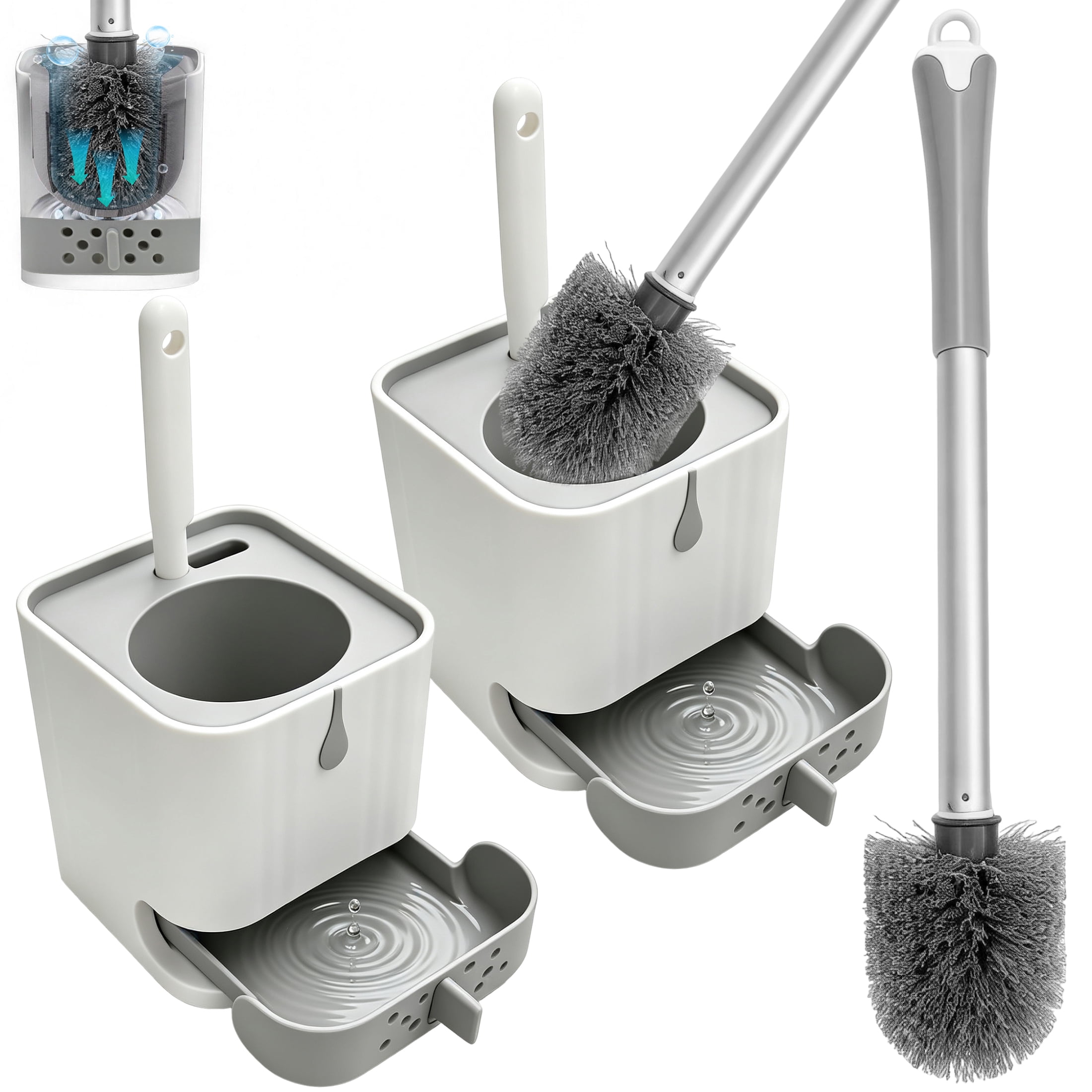 2 Pack Toilet Brush and Holder Set with Side Mini Brush, Toilet Brush Set with Drainage Drawer, Wall Mount & Freestanding Bathroom Toilet Cleaner Brush, Long Handle Toilet Bowl Cleaning Brush