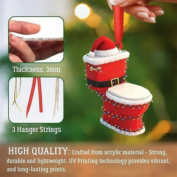 Toilet Bowl Christmas Tree Ornament, Christmas Throne Toilet Ornament for Christmas Tree, Christmas Toilet Ornament with Santa Hat for Humorous Bathroom & Tree Decor, Acrylic Novelty Ornament