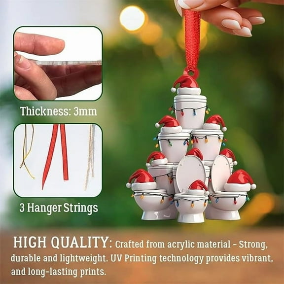 Toilet Bowl Christmas Tree Ornament, Christmas Throne Toilet Ornament for Christmas Tree, Christmas Toilet Ornament with Santa Hat for Humorous Bathroom & Tree Decor, Acrylic Novelty Ornament