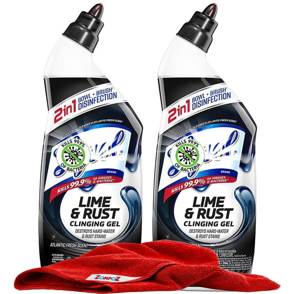 Toilet Bowl Cleaner, Lime and Rust Remover, Pack of 2, Fresh Scent, Septic Safe Clinging Gel for Lime Stains, Hard Water Stains, Mineral Deposits, Rust, 24 fl oz Plus Microfiber Cleaning Cloth