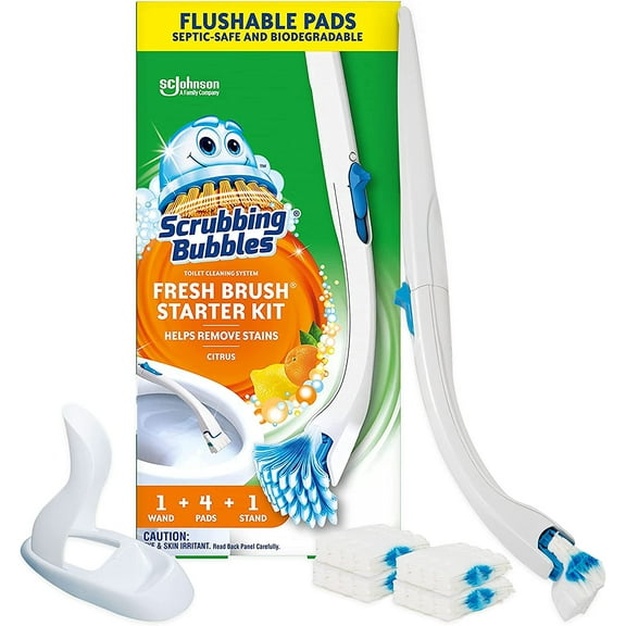 Toilet Bowl Cleaning System with Flushable & Disposable Cleaner Refill Pads, Fights Odors and Helps Remove Limescale & Hard Water Stains, Citrus Scent, 1 Wand + 4 Refills + 1 Stand