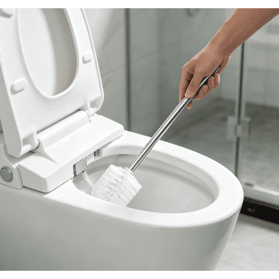 Toilet Bowl Scrub Brush, Extra‑Long Stainless Steel Handle, Dense Abrasion‑Resistant Bristles, Ideal for Home & Commercial Bathroom Cleaning (White)