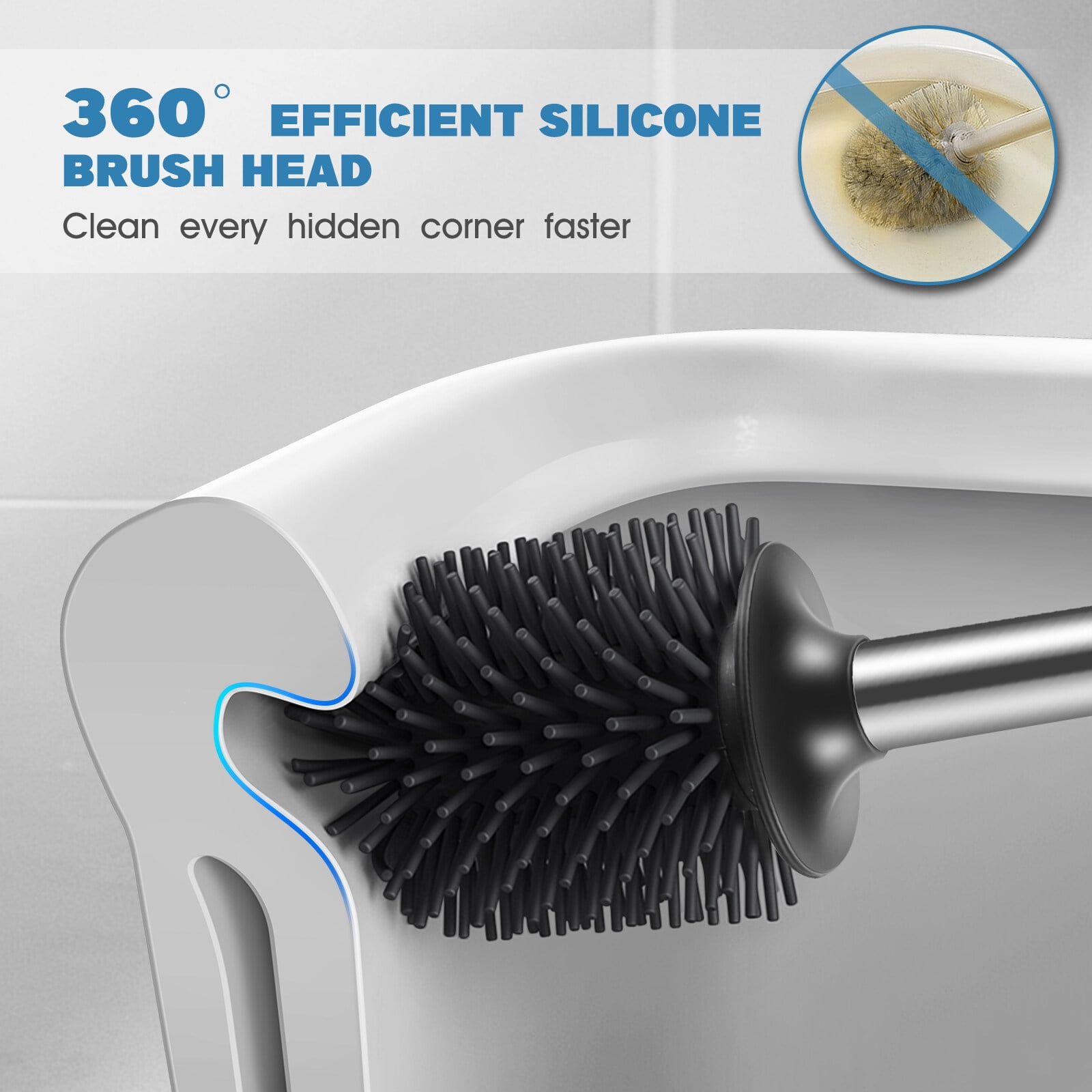 Floor Standing Toilet Brush With Silicone Bristles - Compact, Ergonomic Handle, Deep Cleaning Bowl Brush