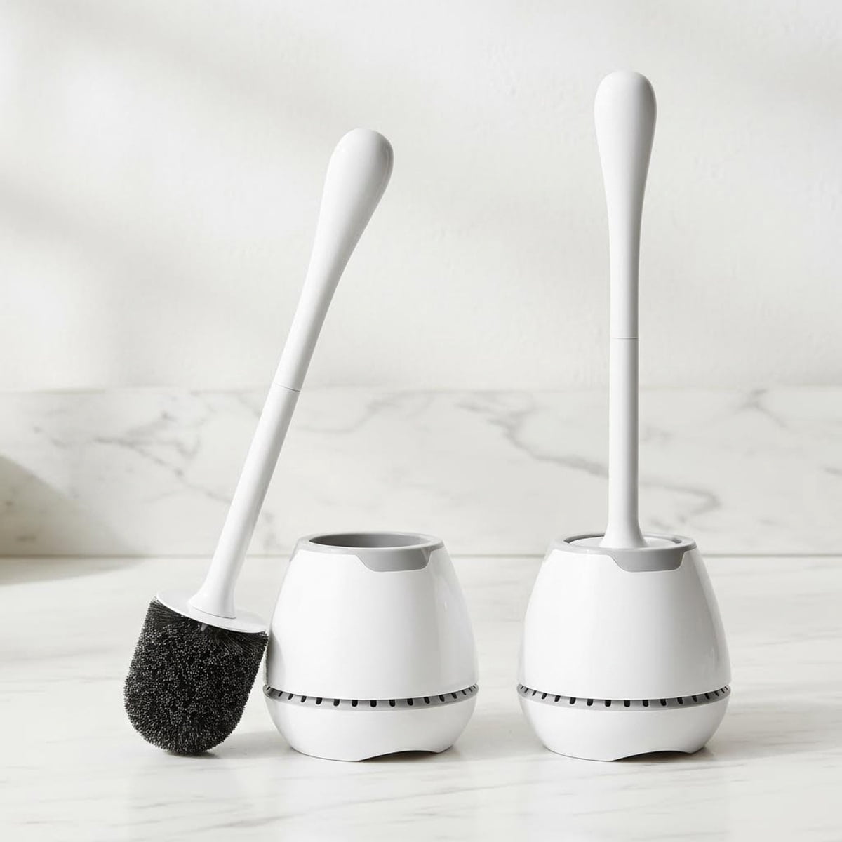 Toilet Brush 2 Pack, Toilet Bowl Brush with Ventilated Holder and Ergonomic Long Handle, Durable Bristles Scrubber Set for Bathroom Cleaning (White)