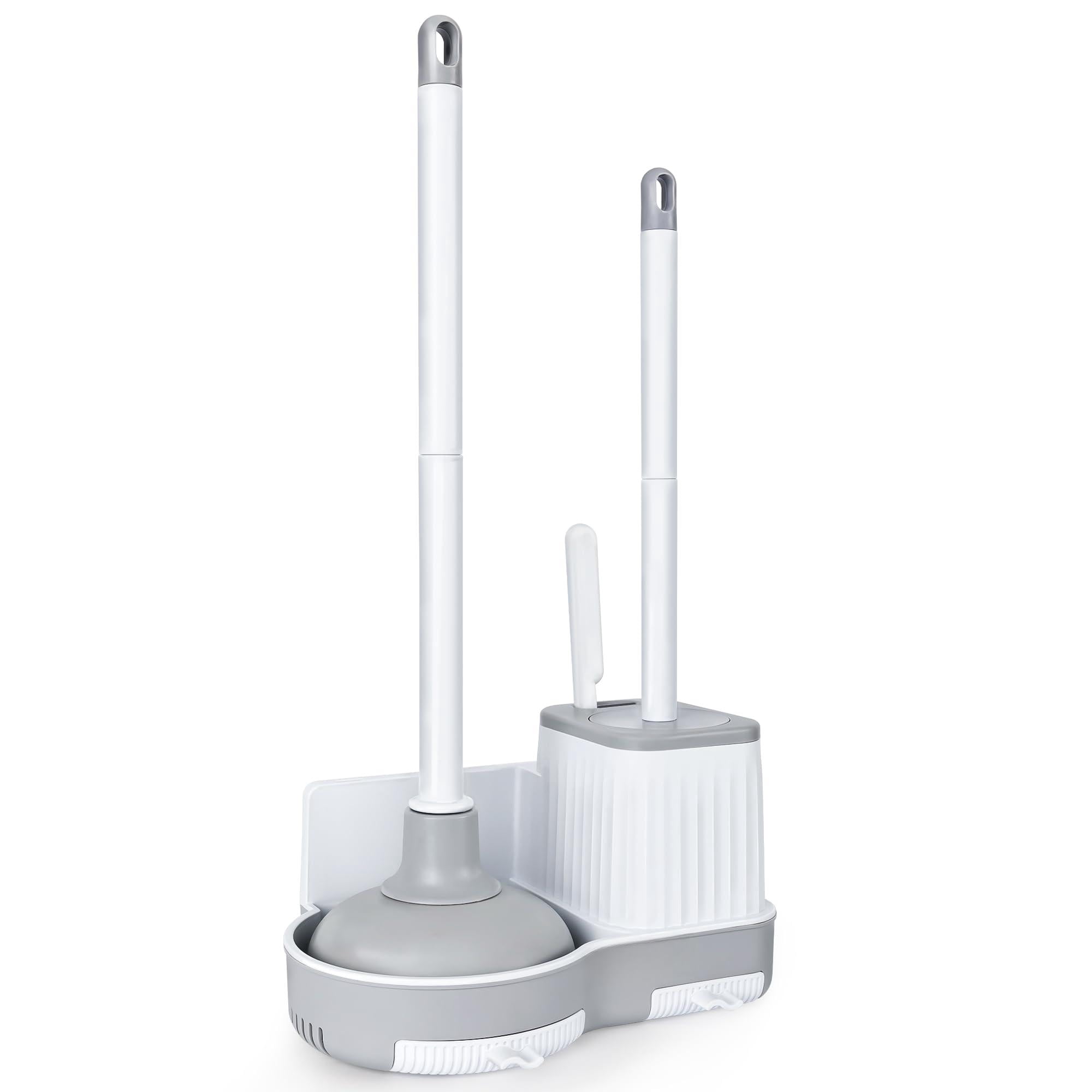 Toilet Brush And Plunger Set With Crevice Cleaning  White Combo Holder Bathroom Bowl Heavy Duty