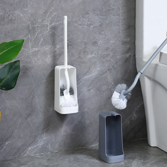 Toilet Brush Cleaning Kit | Hard Stiff Bristles Long Ergonomic Handle | Modern Compact Design | Quick-Dry Washable Head | Thickened Stable Plastic Base | 41x10.5x8cm | Gray or White