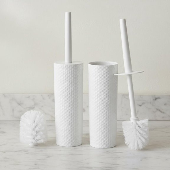 Toilet Brush & Holder Set, 2 Pack Plastic Round Barrel Loo Brush with Replacement Heads, Durable, White
