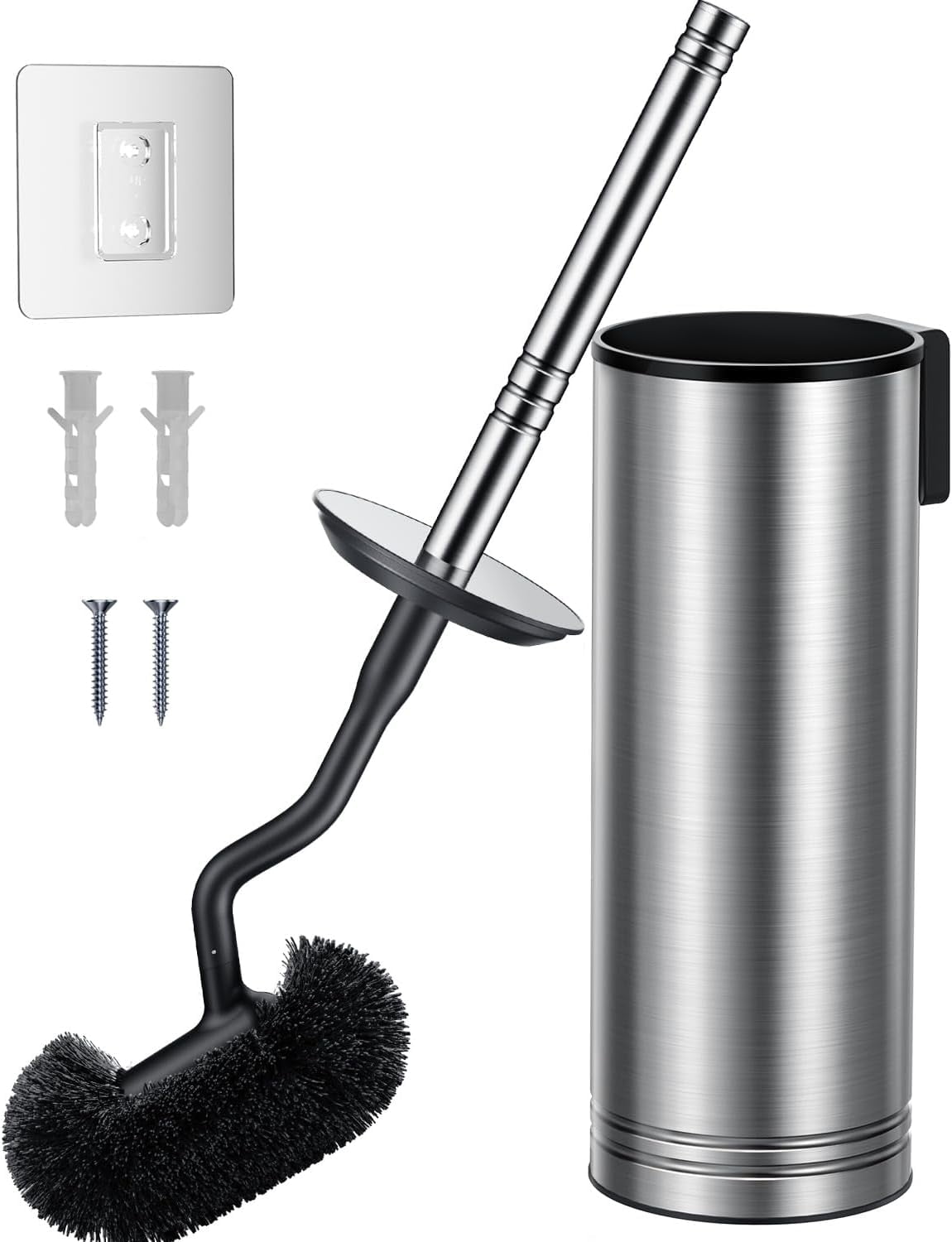 Toilet Brush and Holder Set: 304 Stainless Steel Heavy Duty Bowl Cleaner Brush - Deep Cleaning Under Rim Curved Bristle - Space Saving Wall-Mounted for Home RV Bathroom Accessories Silver