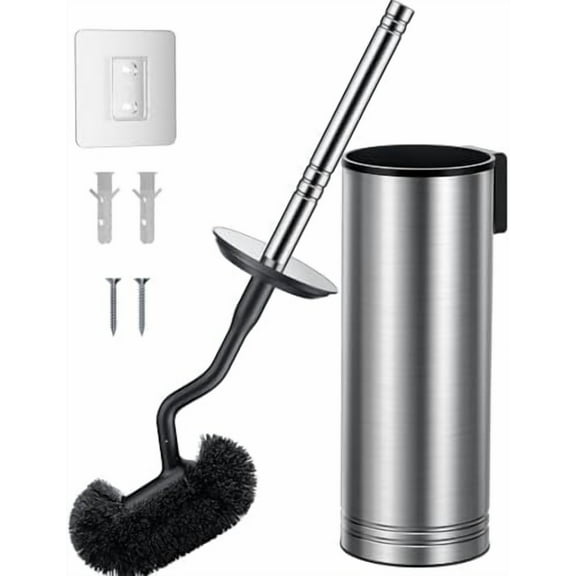 Toilet Brush and Holder Set: 304 Stainless Steel Heavy Duty Bowl Cleaner Brush - Deep Cleaning Under Rim Curved Bristle - Space Saving Wall-Mounted for Home RV Bathroom Accessories Silver