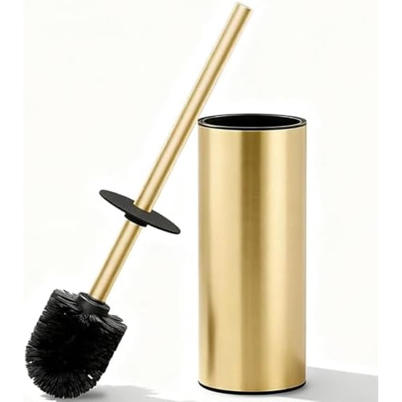 Toilet Brush and Holder Set,  304 Stainless Steel Toilet Brush with Long Brush Handle, Brushed Gold Toilet Scrubber and Covered Holder, Round Design Sturdy and Space Saving, Covered Brush