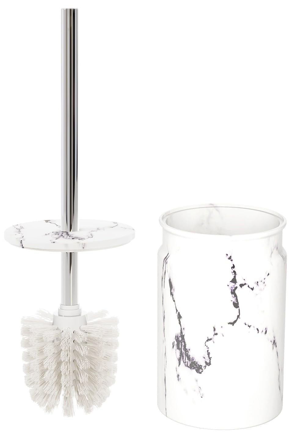 White Marble Toilet Brush and Holder Set with Metal Handle