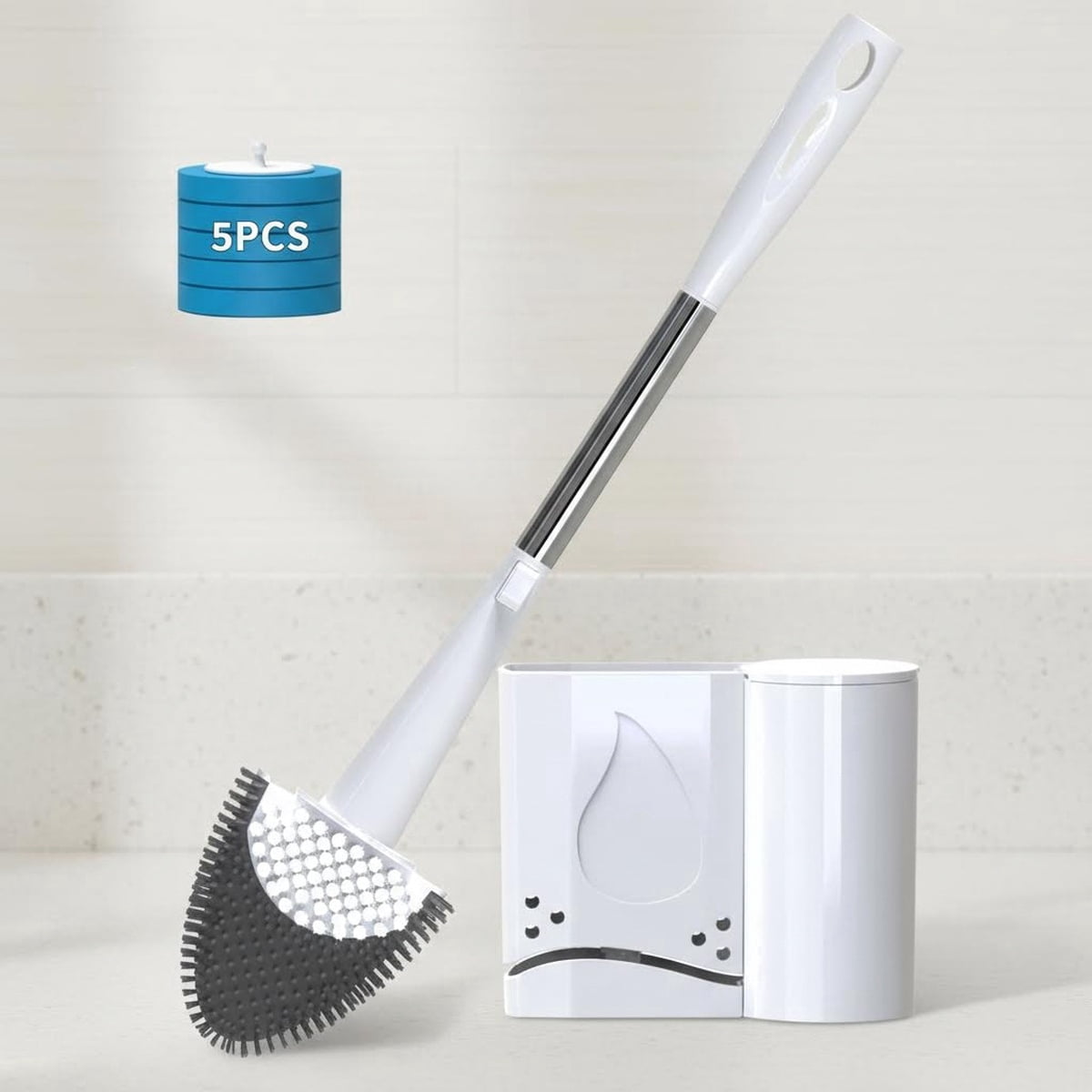 Toilet Brush and Holder Set, Silicone Removable Cleaner Brush with Bowl Cleaner Tablets and Wall-Mount Hook, Ventilation Slots Base for Bathroom Cleaning, White