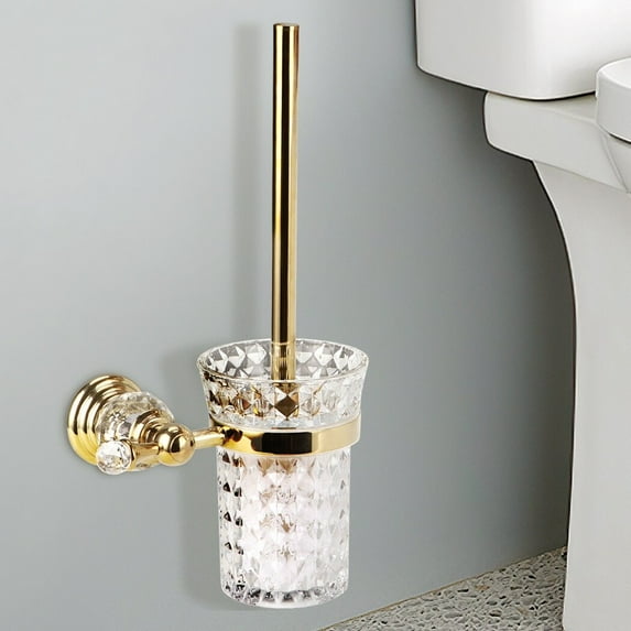 Toilet Brush Holder, Toilet Cup Set with Polished Golden Brush Handle, Wall Mounted Holder with Crystal Decoration for Bathroom