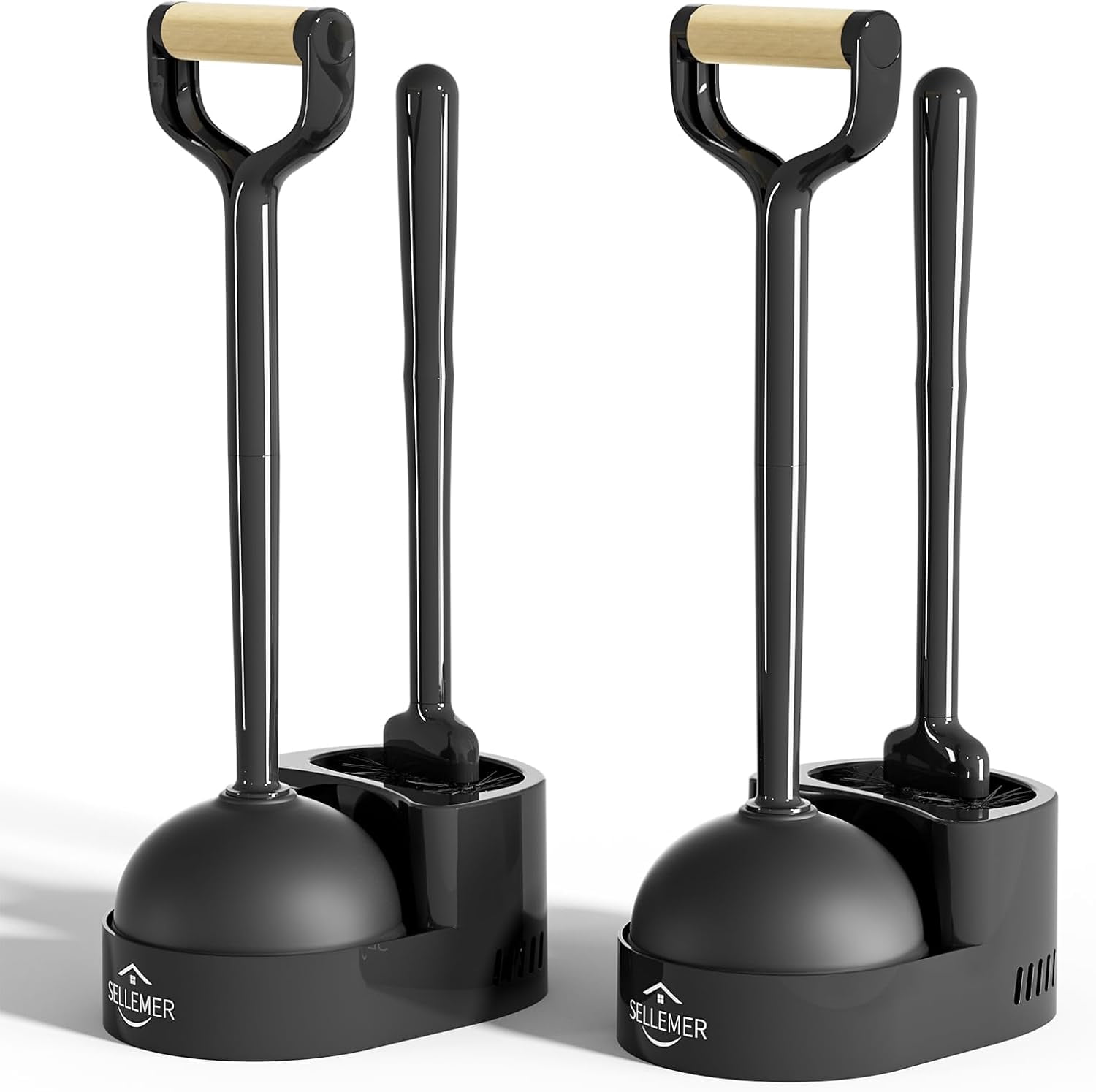Toilet Brush and Plunger Set Curved Design Head for Deep Cleaning Heavy Duty Toilet Bowl Brush and Plunger Combo with Holder for Bathroom Cleaning Black 2 Pack