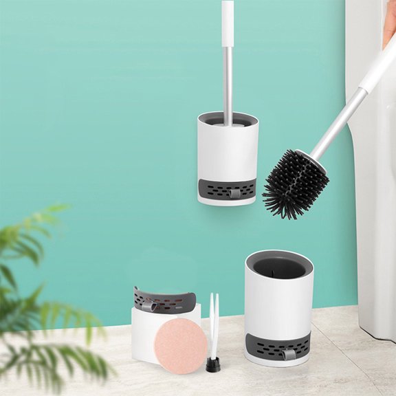 Toilet Brush Set with Diatomaceous Earth Pad Absorbent, Fast Drying,Non-Scratch Bristles,Ergonomic Handle,Ventilated Storage Compartment for Wall Mounting Easy and Efficient Cleaning Tool White