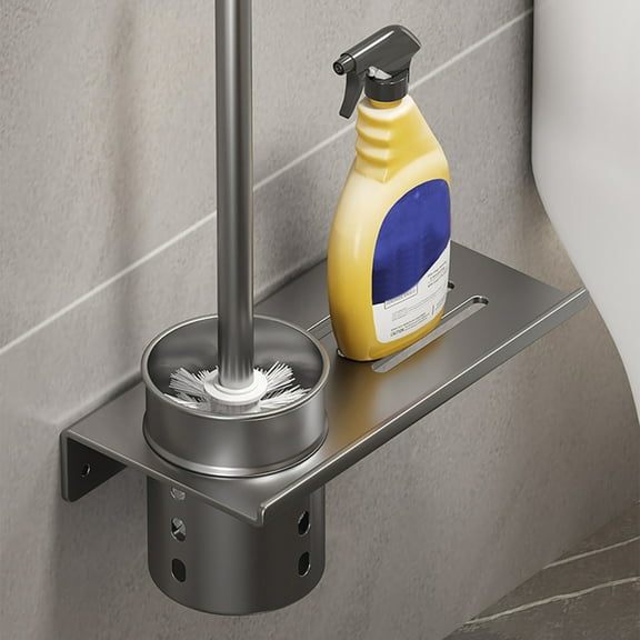 Toilet Brush Set, Wall Mounted 2 in 1, Iron Material, No Drill Installation, Thickened Carbon Steel, Dense Brush Head, Waterproof Rustproof, Bathroom Storage Rack