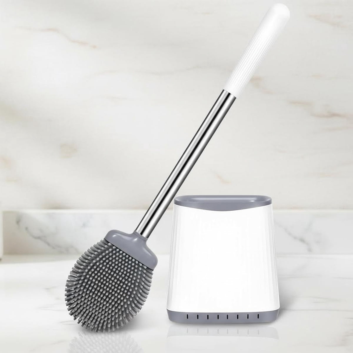 Toilet Brush, Silicone Brush and Holder Set, Flexible Brush Head with Ventilated Holder, Wall Mounted Compact Scrubber Set for Bathroom Cleaning