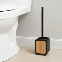 Toilet Brush and Holder Black Rubber and Bamboo