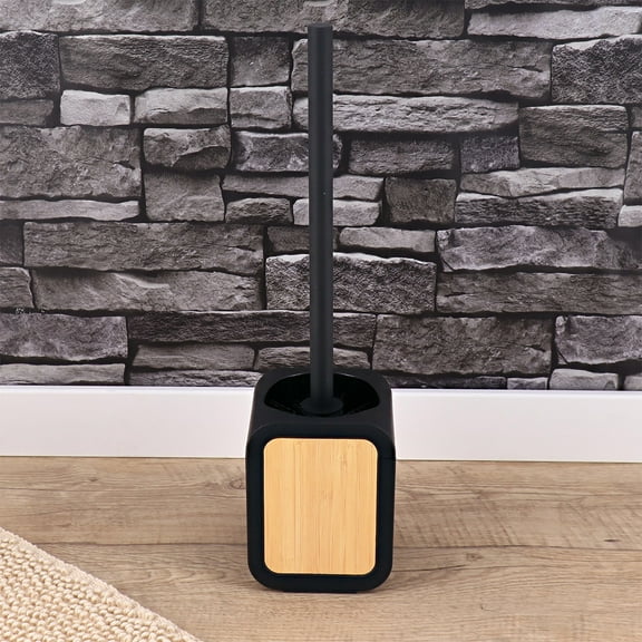 Toilet Brush and Holder Black Rubber and Bamboo