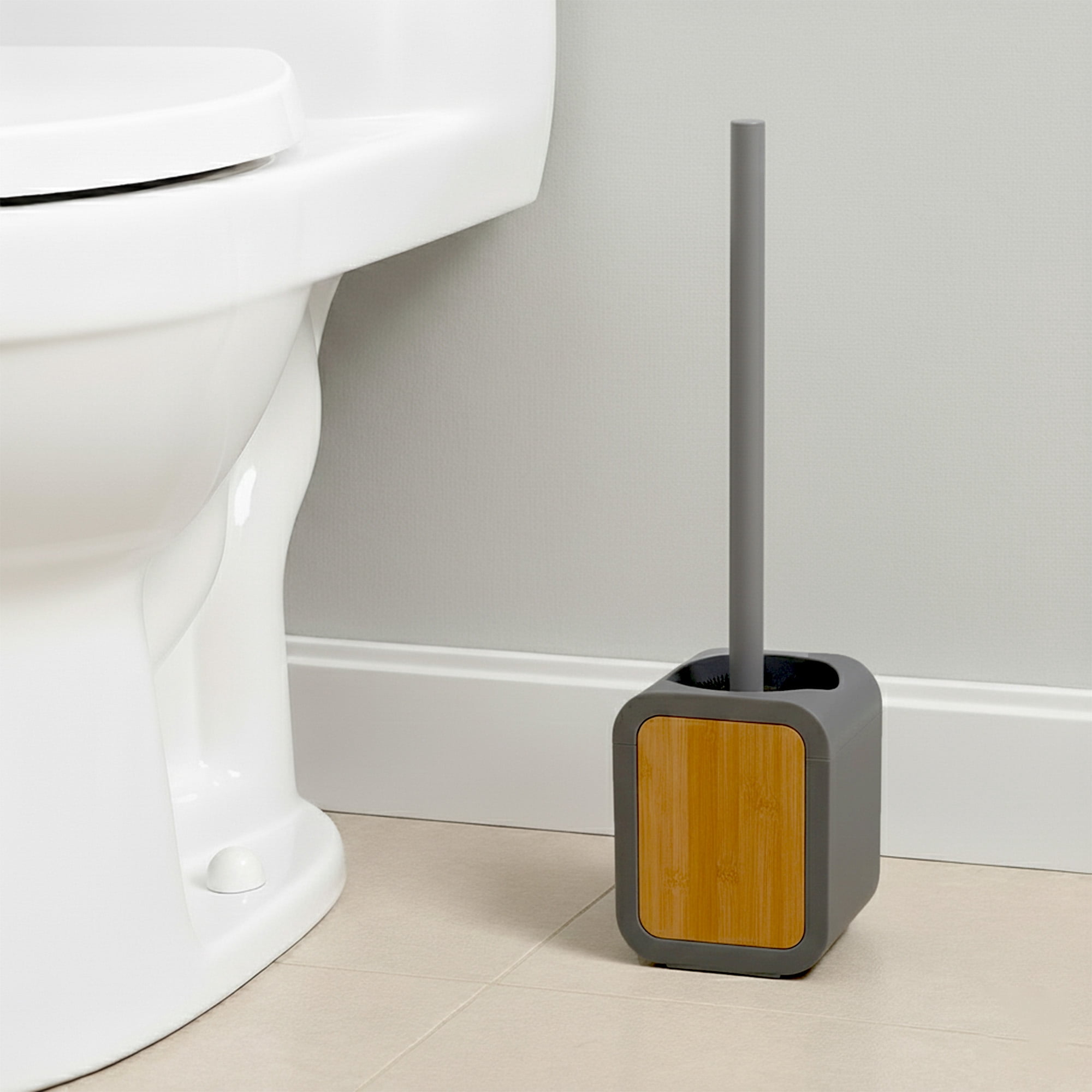 Toilet Brush and Holder Gray Rubber and Acacia