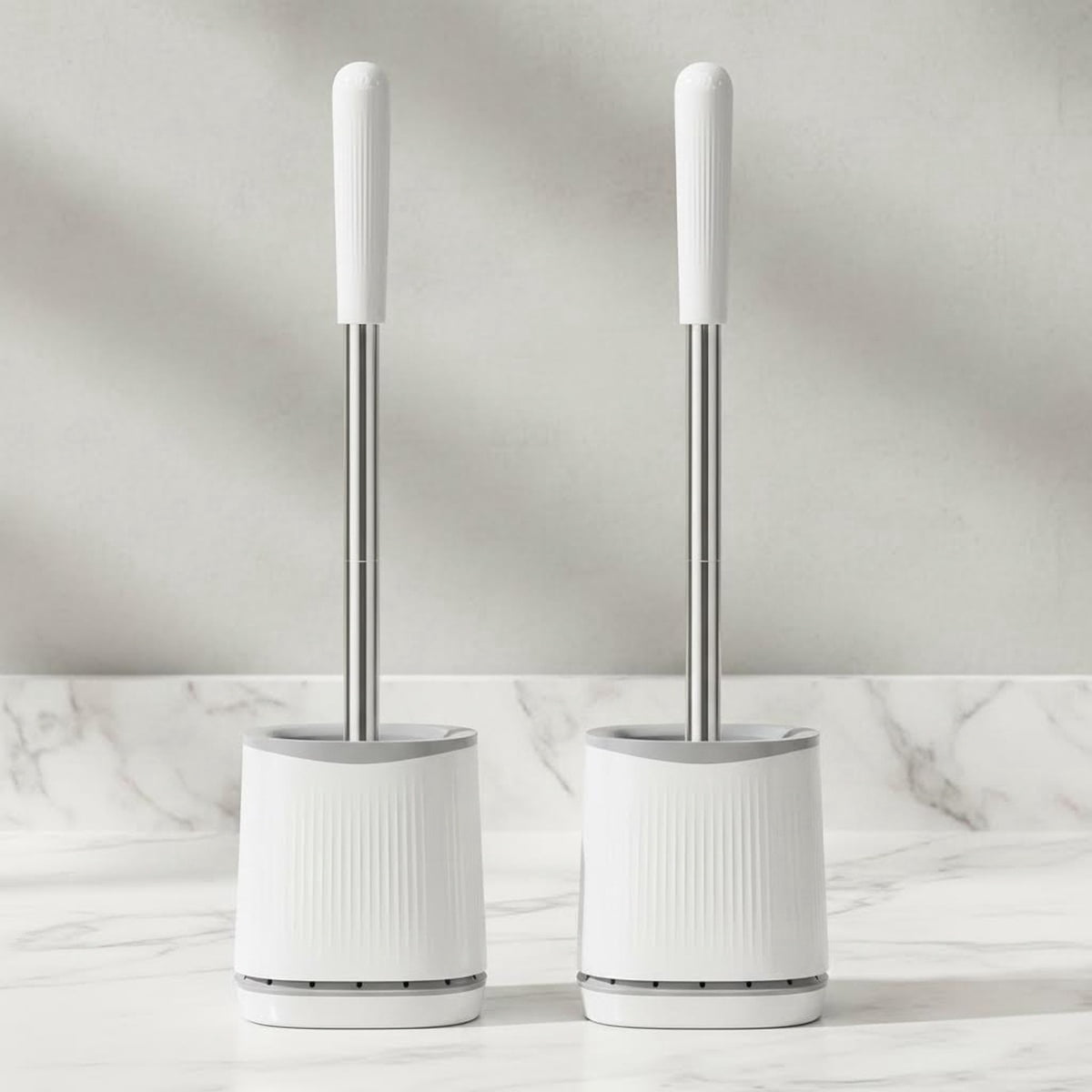 Toilet Brush and Holder Set, Bristle Brush Head with Ventilated Holder, Wall Mounted Compact Set for Bathroom Cleaning (White)