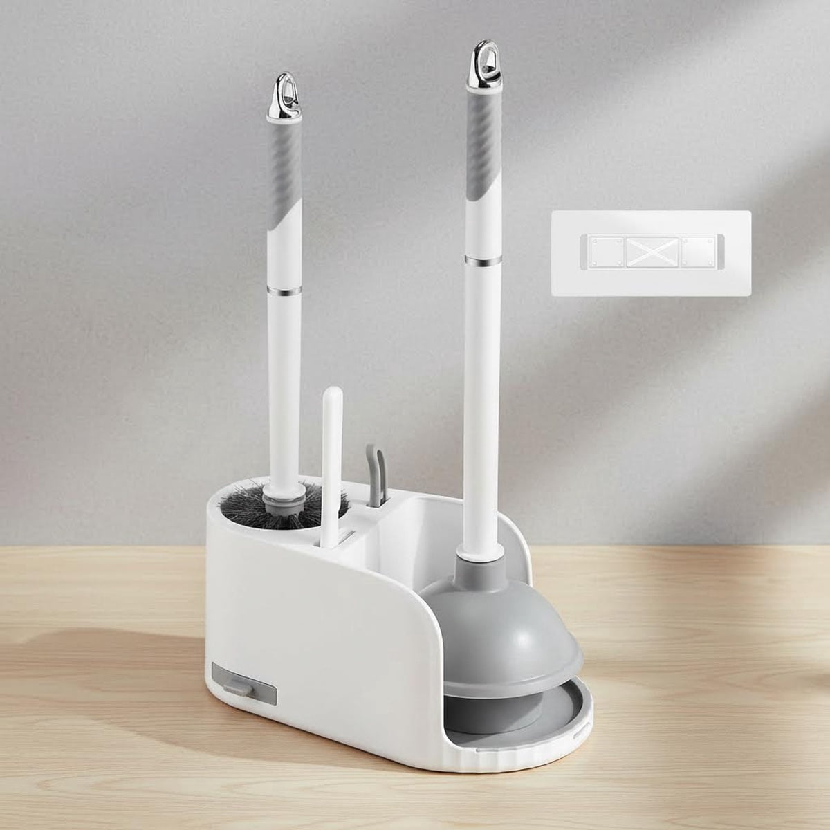 Toilet Brush and Plunger Set with Holder, Crevice Cleaning Brush and Clip, Wall Mounted Bathroom Cleaning Tool Combo