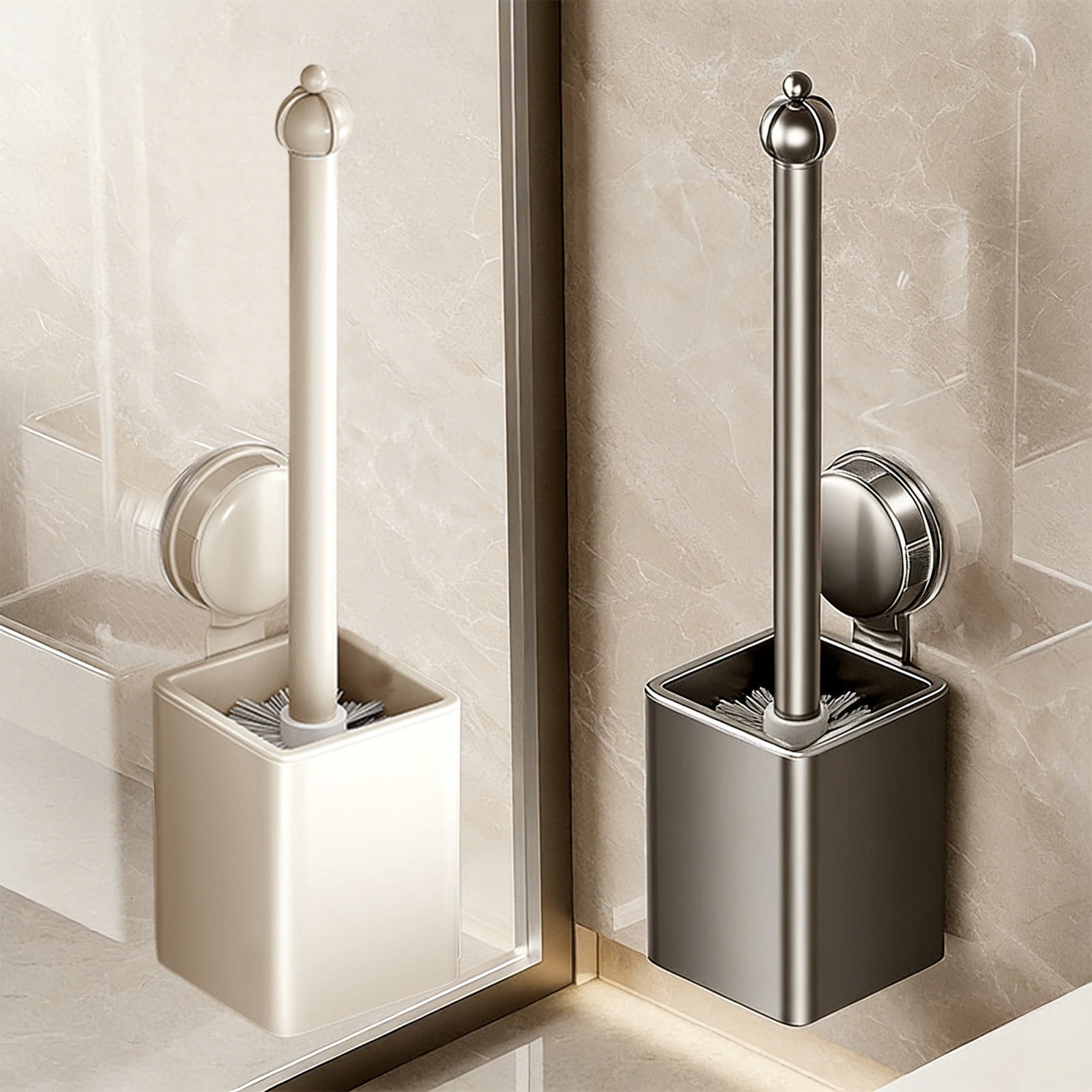 Toilet Brush with Holder Aluminum Alloy Long Handle Toilet Bowl Cleaner Modern Design with Wall Mount Suction Cup for Bathroom Cleaning