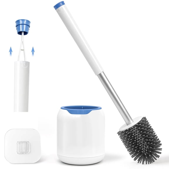 NEWE Silicone Toilet Brush with Holder Set, Aluminum Handle, Built-in Tweezers (White)