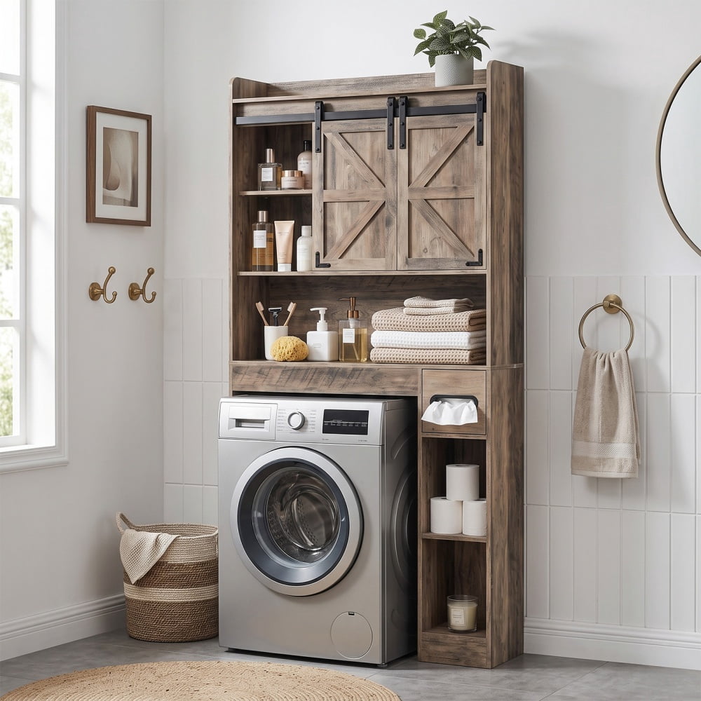 Toilet Cabinet, 2 Doors and Contain, 2-Tiered Bathroom cabinet with Side Storage Rack and Tissue Box Barn door style MDF Melamine-Faced Bathroom Vanity, 31.5*8.66*69.69in