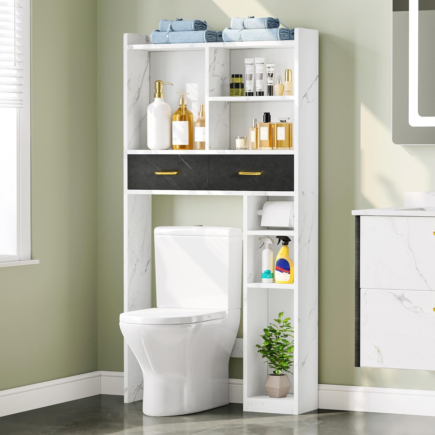 Spirich Over Toilet Storage Shelf With Drawers - X-Frame Bathroom Cabinet For Extra Storage, White