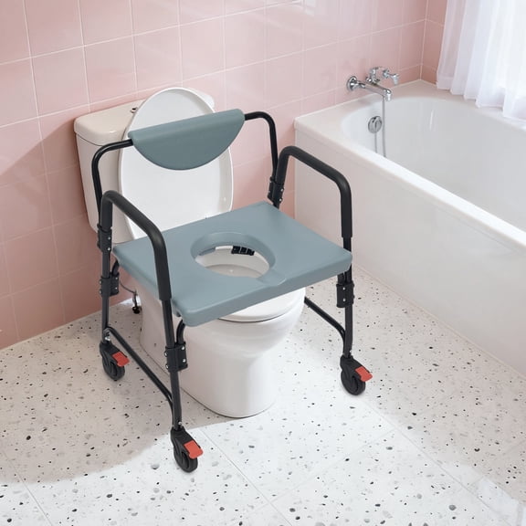 Toilet Chair with Wheels, Bedside Commode Chair, Rolling Commode Chair