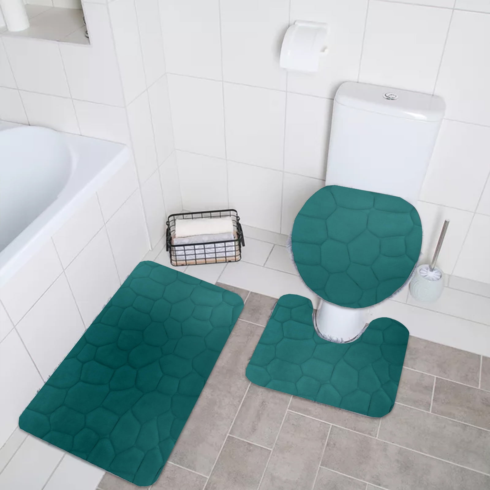 Toilet Cover Seat 3 Piece Rock Memory Foam Bathroom Mat Set Flannel