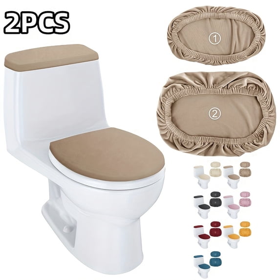 Toilet Cover Set, 2Pc Thickened Plush Beige Toilet Seat Cover and Toilet Tank Cover, Elastic Stretch Fit Toilet Seat Cushion Set, Soft Plush Toilet Seat Protector for Universal